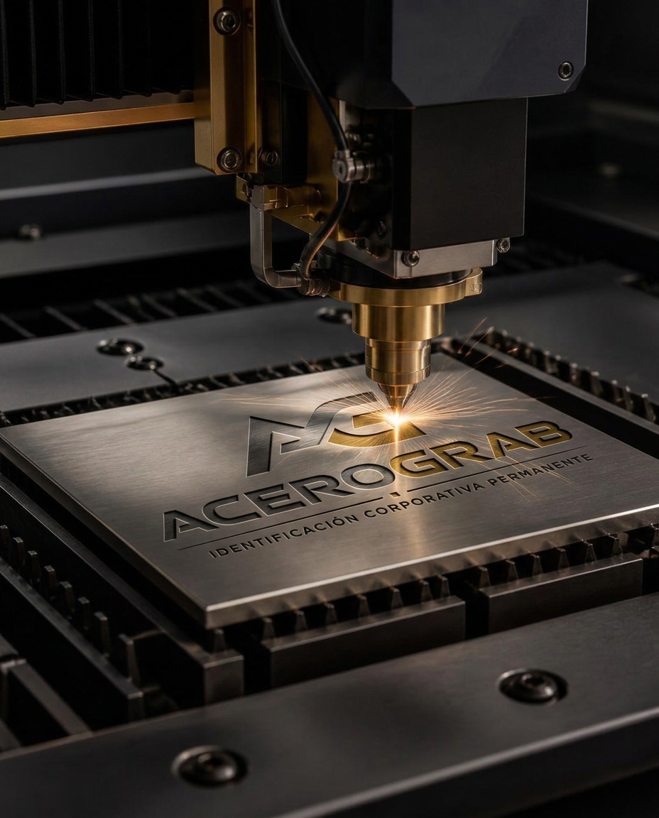Máquina de grabado láser fabricando una placa de acero inoxidable en el taller de ACEROGRAB