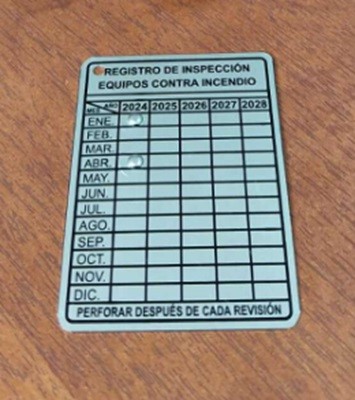 Placa de registro de inspección para extinguidores