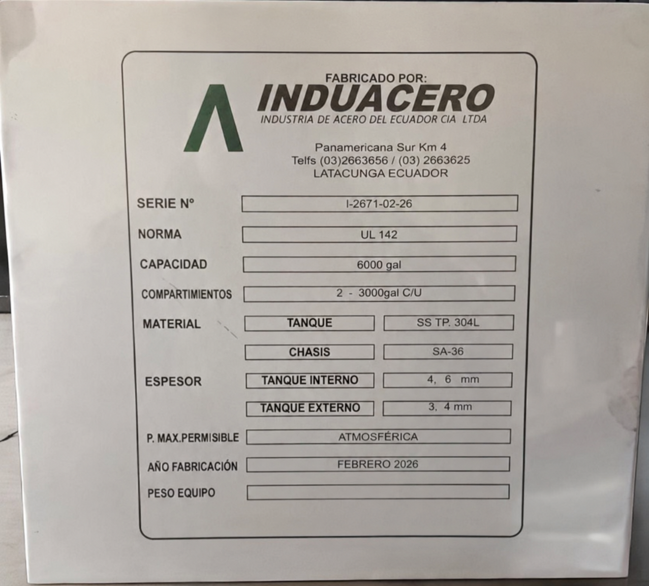 Placa de identificación industrial Induacero