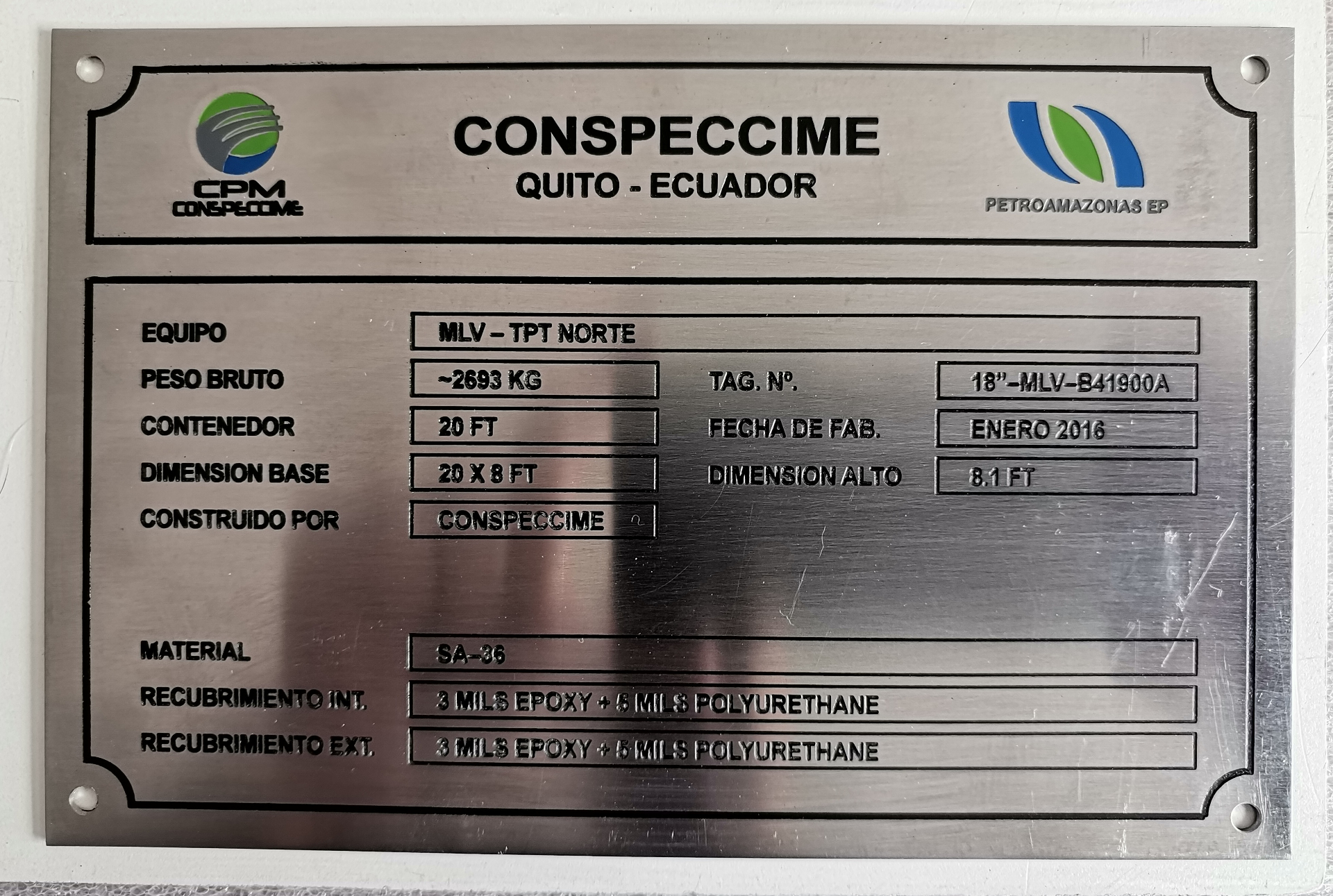 Placa técnica industrial CONSPECCIME para Petroamazonas EP