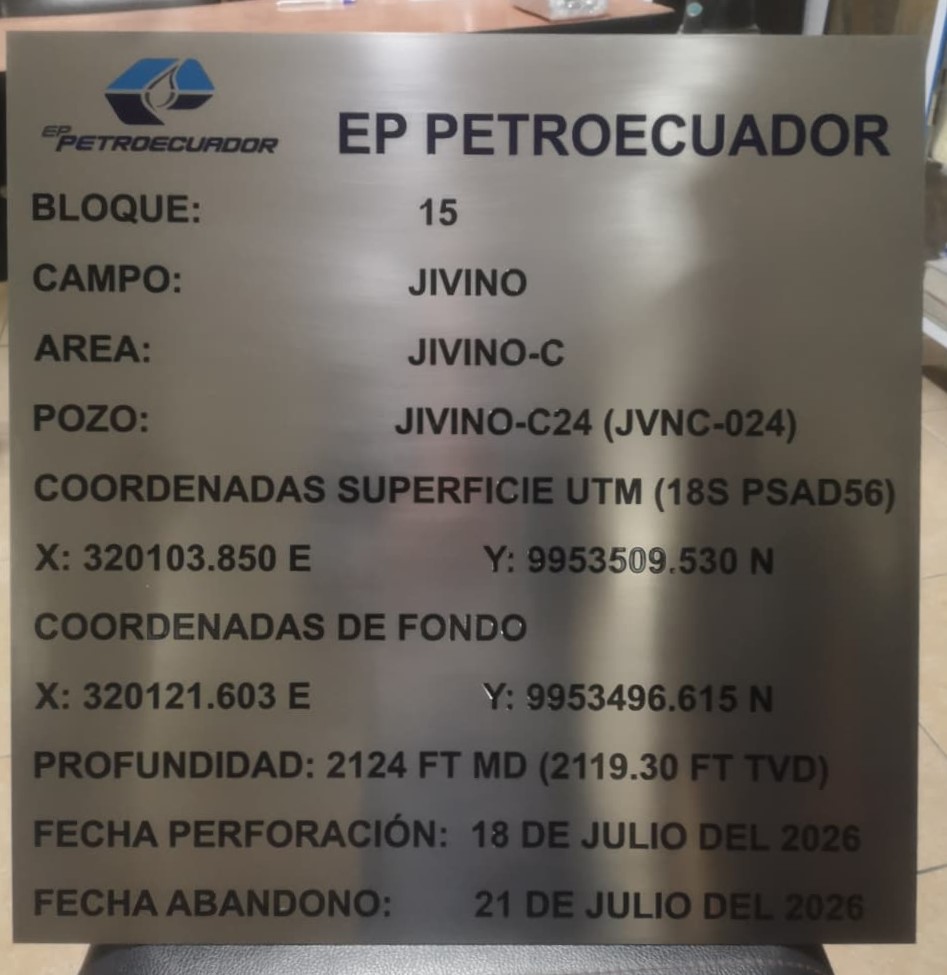 Placa de abandono de pozo petrolero Jivino-C24 grabada en acero inoxidable para EP Petroecuador